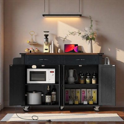 Îlot de cuisine de style champêtre avec abattant, prise électrique, 2 grands tiroirs, 2 armoires de rangement, étagère à épices, porte-serviettes, étagères réglables et station de recharge