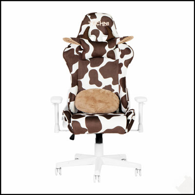 Fauteuil de jeu confortable à imprimé vache avec mousse à mémoire de forme et appui-tête réglable pour une expérience de jeu améliorée