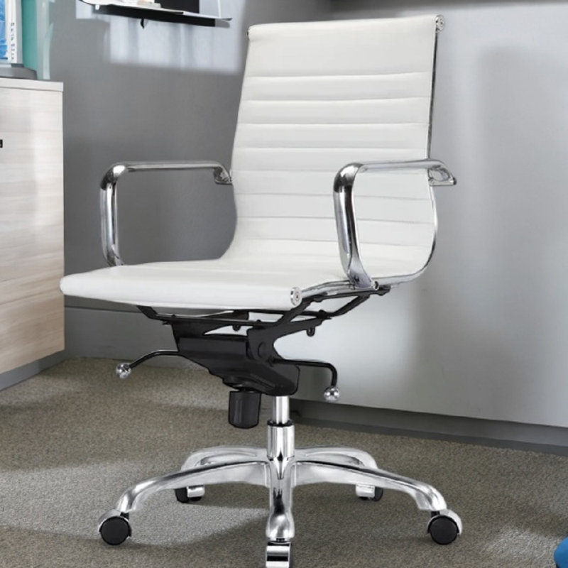 Chaise de bureau en cuir Lonty, Blanc, Argent argent