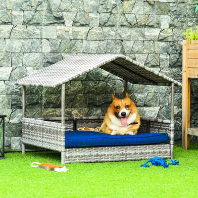 Dark Blue Dog House With Canopy - Pe For Medium Pets Outdoor Canopy, Water- Cushion Small & Medium Dogs