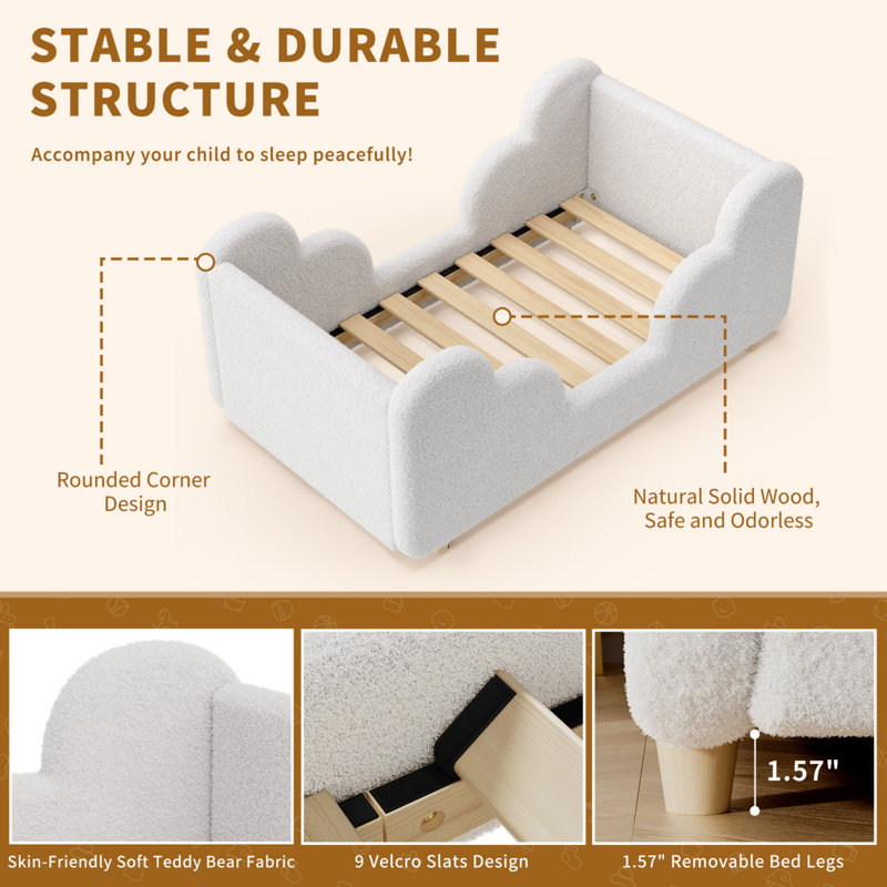 Kids Cloud Shape Bed with Upholstered Headboard, Child Safe Rounded Edges, Easy to Assemble, White