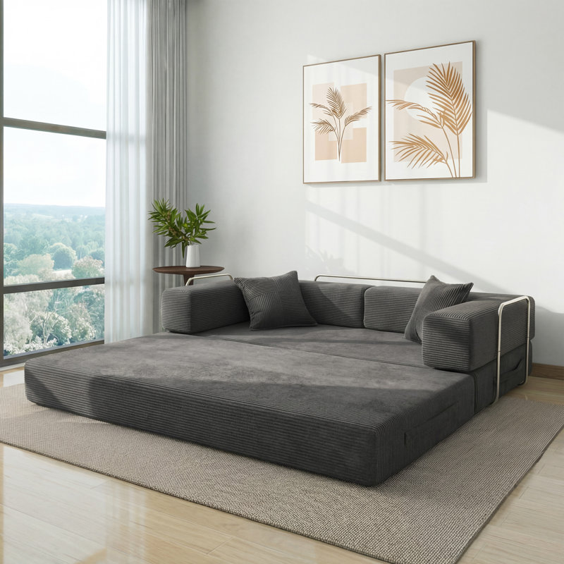 Convertible Sleeper Sofa With Removable Armrests, Corduroy Fabric Sofa Couch, No Assembly Required For Living Room, Dorm, Studio