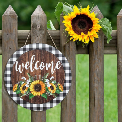 Signe de tournesol - décoration murale ronde en bois d'été suspendue à une ferme