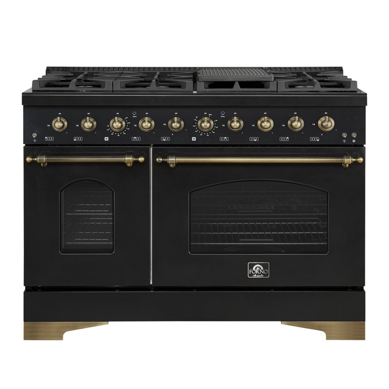 Forno Antico 48-inch Gas Range with 8 Sealed Burners 94,000 BTU, Griddle, 5.5 cu.ft. Double Ovens, Antique Brass Design, Energy Efficient