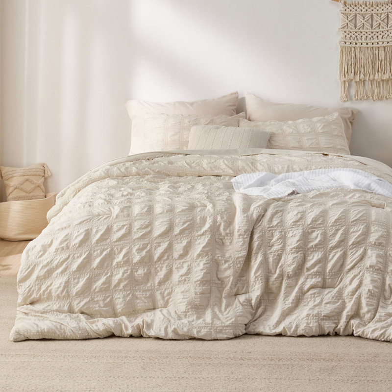 Literie de lit dans un grand lit - Ensembles d'édredon à carreaux à motif écossais 7 pièces, ensemble de lit bohème beige léger et doux avec édredons pour grand lit, draps, taies d'oreiller et taies décoratives