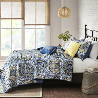 Courtepointe double / grand avec coussins décoratifs - imprimé floral bleu 3 pièces 100% microfibre réversible 6 pièces en vermicelle réversible facile d'entretien