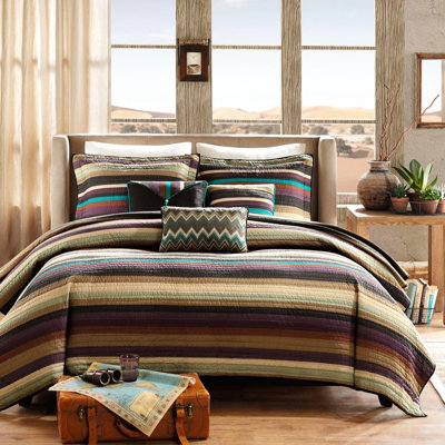 King/ King Quilt With Reversible Design And Throw Pillows. Microfiber Construction. Enticing Stripe Pattern In Purple, Teal, Earth Colors. 2 Shams 3 Decorative Machine Washable For King. Microfiber.