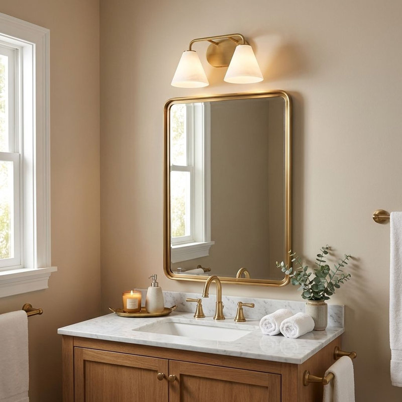 Éclairage pour meuble-lavabo de salle de bain 2 lumières Falbo en laiton chaud, Laiton, H 8 po x l 15,5 po x P 15,5 po