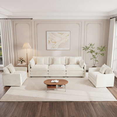 3-Piece Living Room Set with 3-Seater Sofa and 2 Accent Chairs, Plush Cushions, Cream White