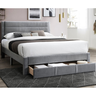 Lit de luxe grand format - Tête de lit en velours côtelé gris et rangement pratique sous le lit avec alcôve