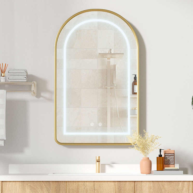 Chazael 19.7'' W 31.5'' H Framed Arched Medicine Cabinet Mirror 3 Fixed with LED Defogger , Gold