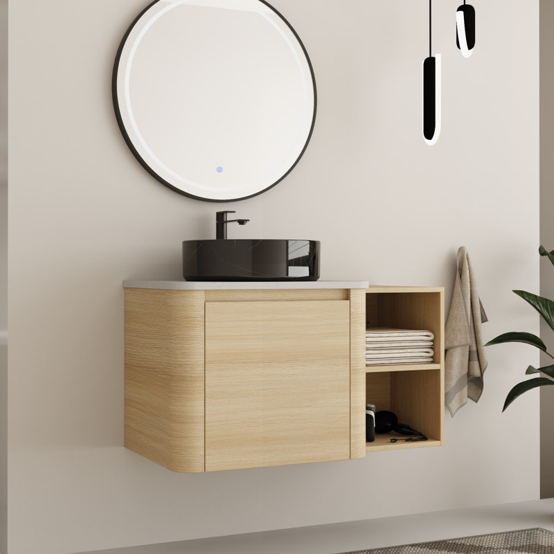 Ensemble de meuble-lavabo mural simple 36 po avec plateau en pierre reconstituée Eaton, 36, Noir / blanc