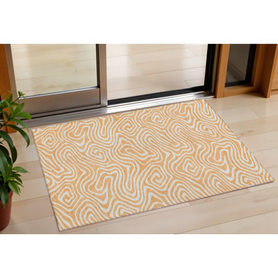 3' X 5' Peach And Ivory Abstract Washable Indoor Outdoor Area Rug