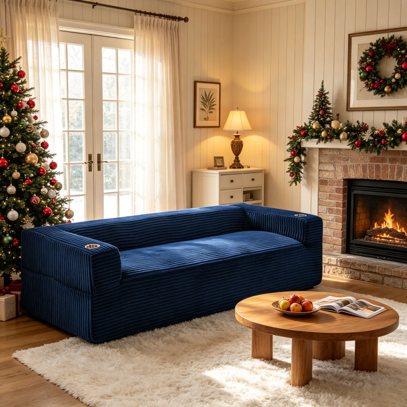 Boneless Modern 92" W Couch Corduroy Compression Sofa with Cup Holders and Storage, Blue