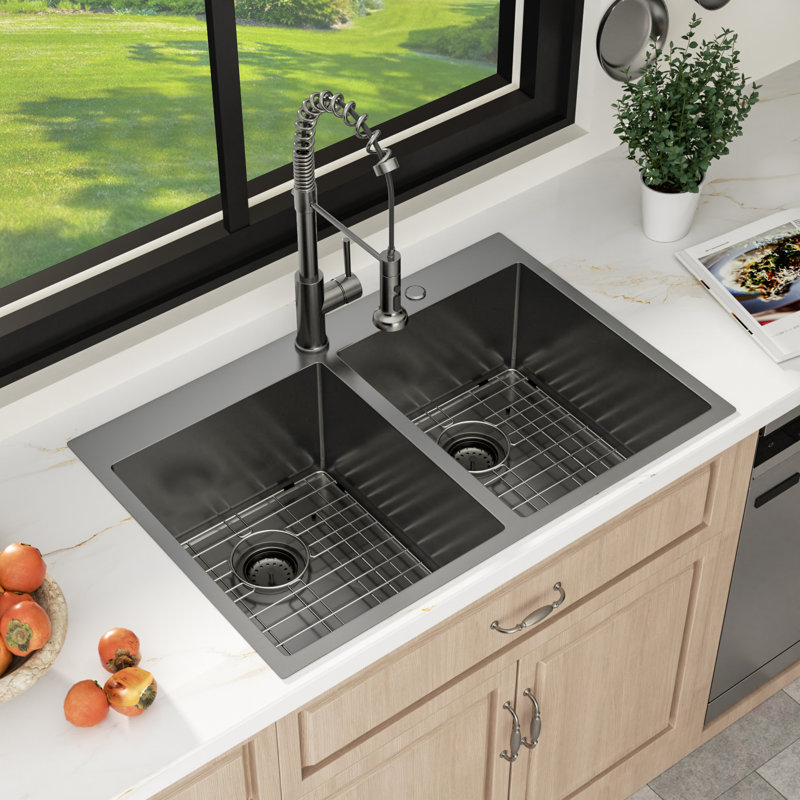 33" L x 22" W Drop-In Kitchen Sink 50/50 Double Bowl Stainless Steel Sink with Sink Bottom Grids