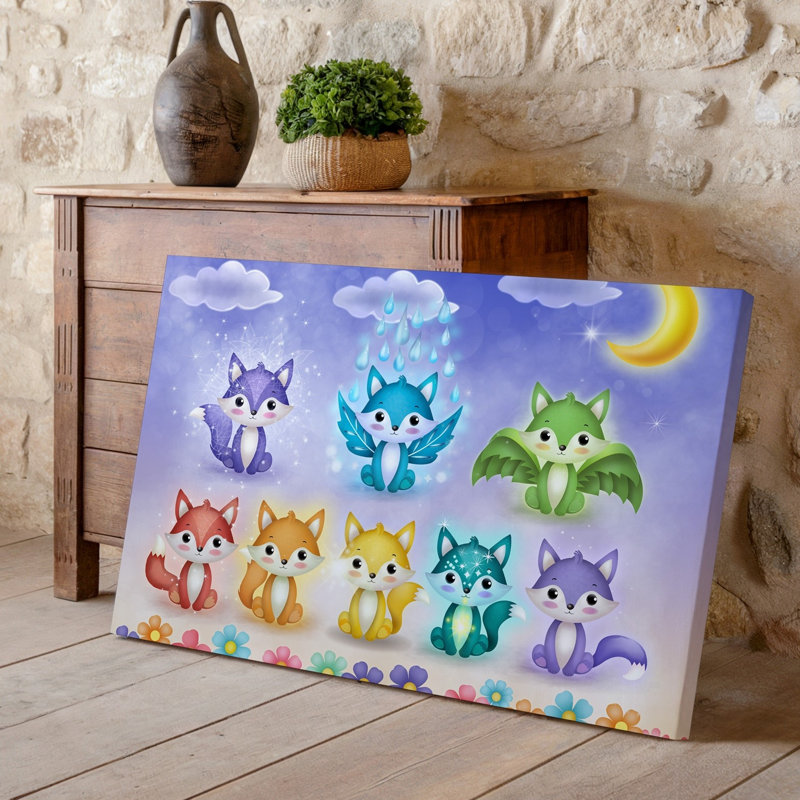 Toile, une scène fantaisiste mettant en vedette une grille de dix adorables renards magiques, chacun avec des élements uniques