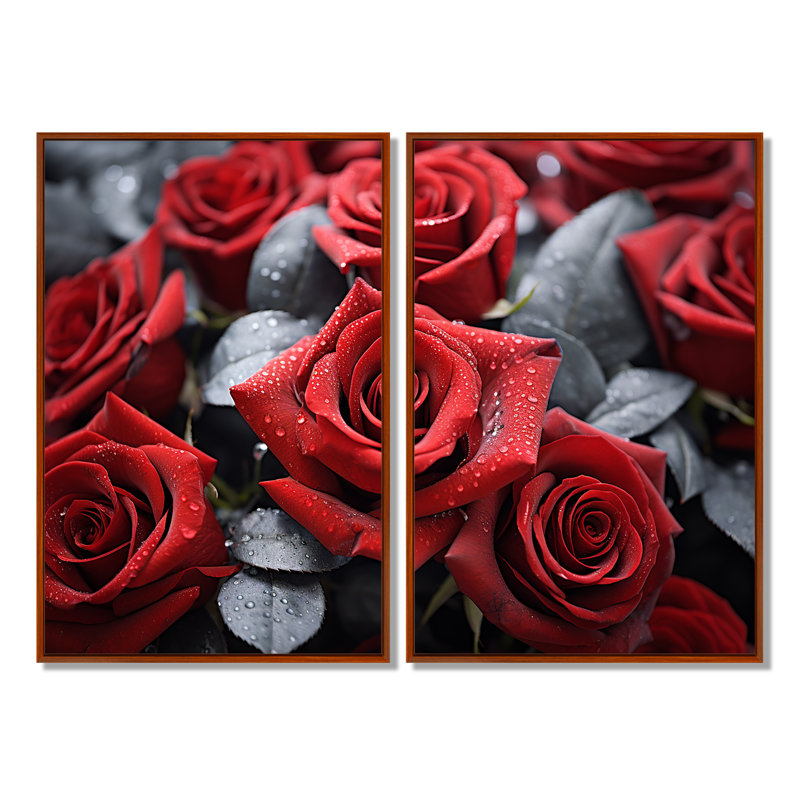 Ensemble de 2 impressions sur toile Red Gray Rose, H 36 po x l 48 po, Impression encadrée flottante sans passe-partout, Brun