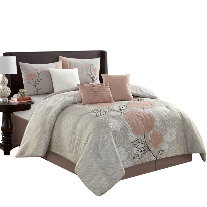 Blush Floral Microfiber Queen Comforter Set with Bonus Pillows