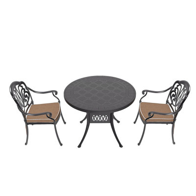 3-Piece Set Of Cast Aluminum Patio Furniture With Brown Cushions