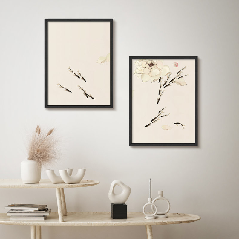 «Fishes In Lotus Pond», reproduction d'art encadrée, affiches, salle de bain, petit art mural, Noir, noir, noir, noir