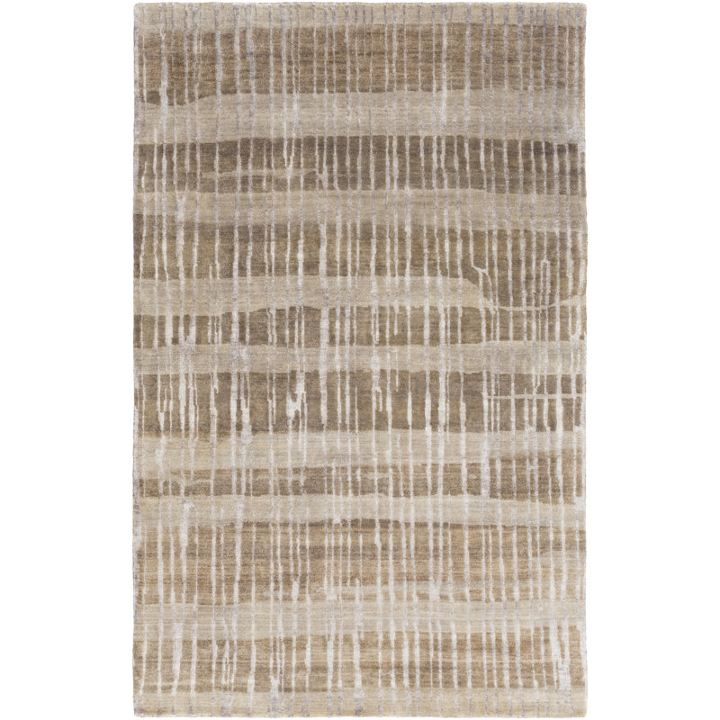 Tapis rayé brun / gris / beige rayé noué à la main, Rectangle 2 pi x 3 pi