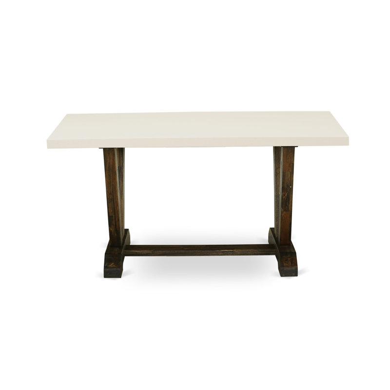 5-Piece Mid Century Table Set Consists of a Linen White (Off-White) Wooden Table and 4 Dahlia Linen Fabric Padded Chairs - Distressed Jacobean Finish