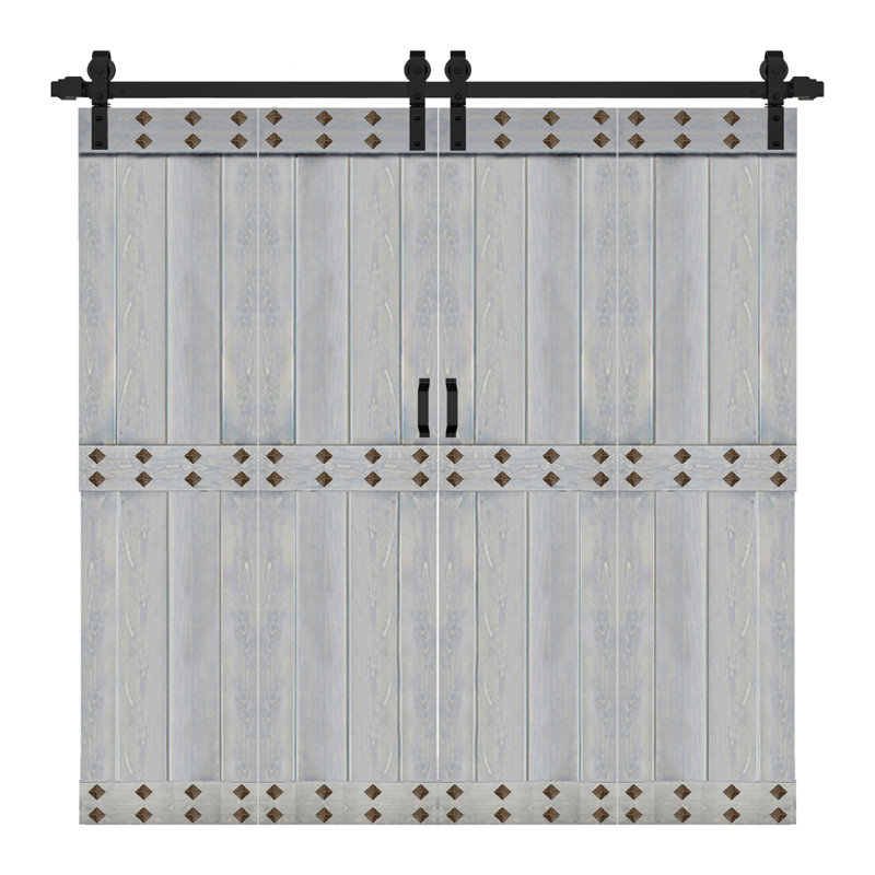 Porte de grange pliante en bois massif de style Mid-Bar 4 panneaux avec quincaillerie - assemblage requis, Gris français