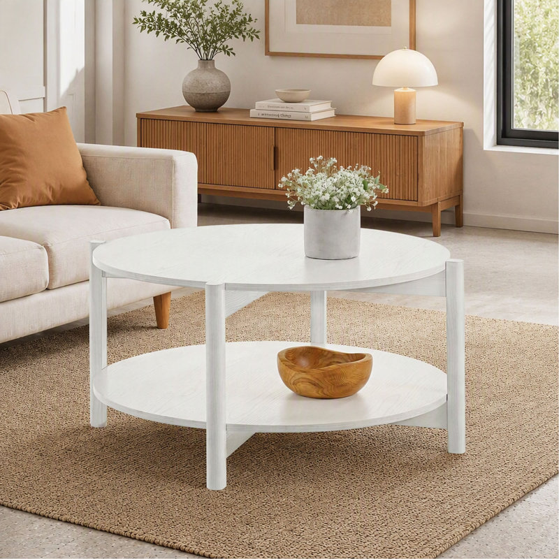 Table basse ronde de style transitionnel, plateau ouvert avec rangement inférieur, finition soignée, mobilier de salon, White