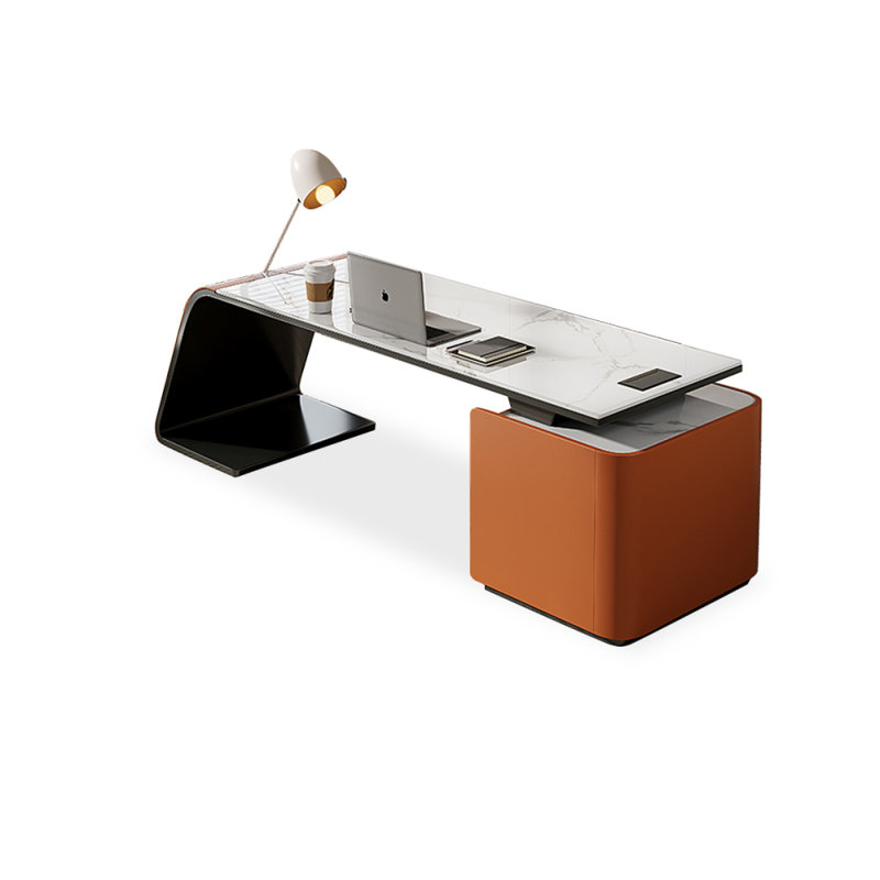 Bureau rectangulaire en pierre + bois manufacturé avec 3 tiroirs, H 29,53 po x l 55,12 po x P 27,56 po, Orange