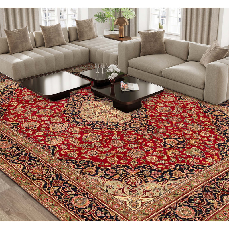 Hand Knotted Wool Area Rug in Red And Navy