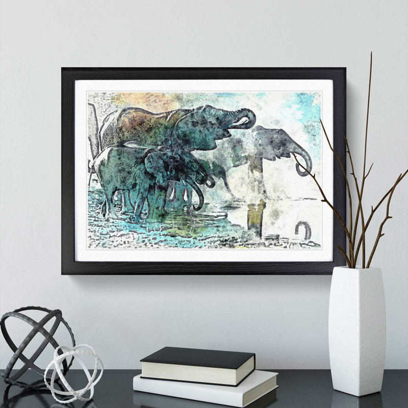Elephants at the Waterhole in Abstract - Picture Frame Painting Print, 27cm H x 36cm W x 2cm D, Black Framed