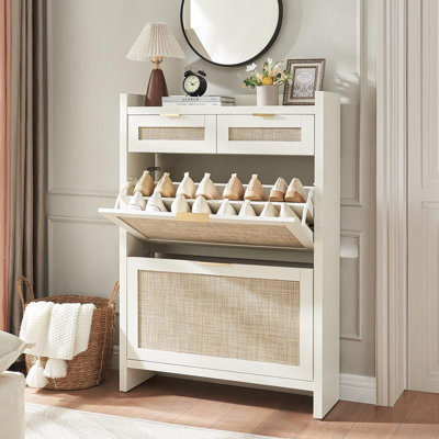 Rustic White Shoe Storage Cabinet with 2 Drawers & 2 Flip Drawers - Slim Farmhouse Boho Organizer for Entryway