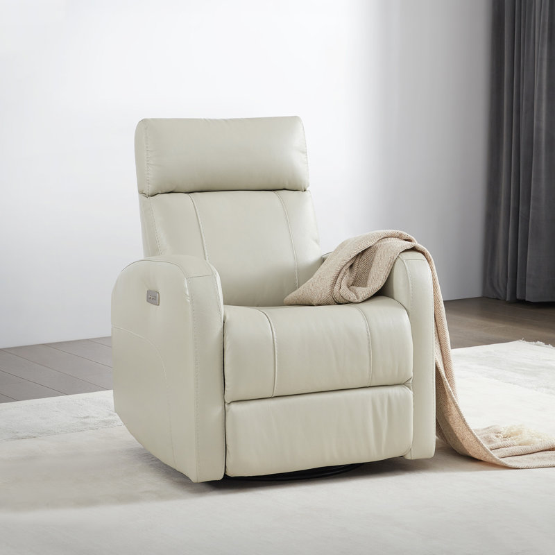 Corvin Genuine Leather Swivel Power Recliner, Light Gray