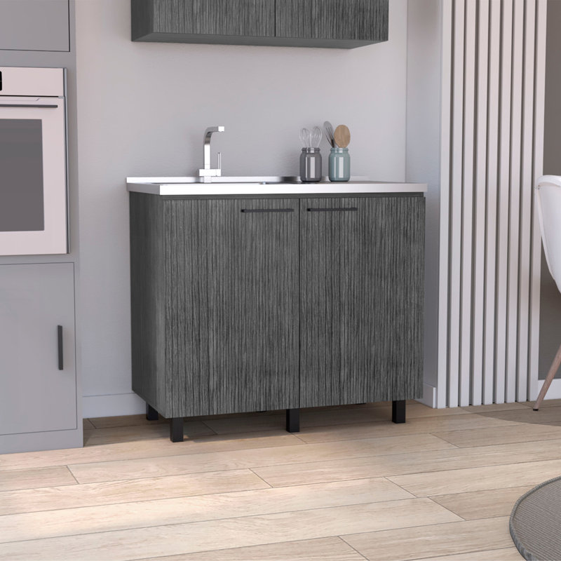 Évier utilitaire 2 avec armoire Napoles, comptoir en acier inoxydable, tablette intérieure chêne fumé