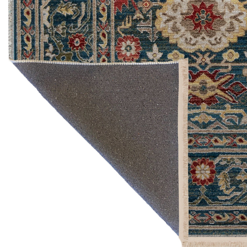 Tapis décoratif bleu multicolore à motif frangé et à motif traditionnel