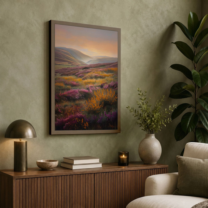 Mountains at Sunrise Scandinavian - Wrapped Canvas, 36x24 - 91.4 x 61.0 cm, Ochre Border