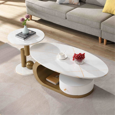 Table basse dorée pour le salon - 2 pièces de table ovale et ronde de style moderne avec un cadre en métal stable et un tiroir en plastique imitation marbre facile à mettre en valeur