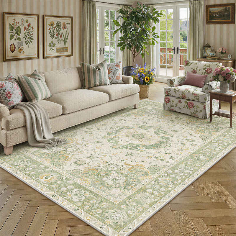Tapis persan rétro Velora avec lavable à la machine et antidérapant, Green, Rectangle 5'x 7'