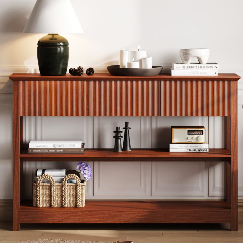 Console de couloir cannelée avec trois tiroirs et tablette de présentation, hauteur de 30,75 pouces, 47 tiroirs couleur cerise, largeur de 11,82 po, conception moderne pour les espaces