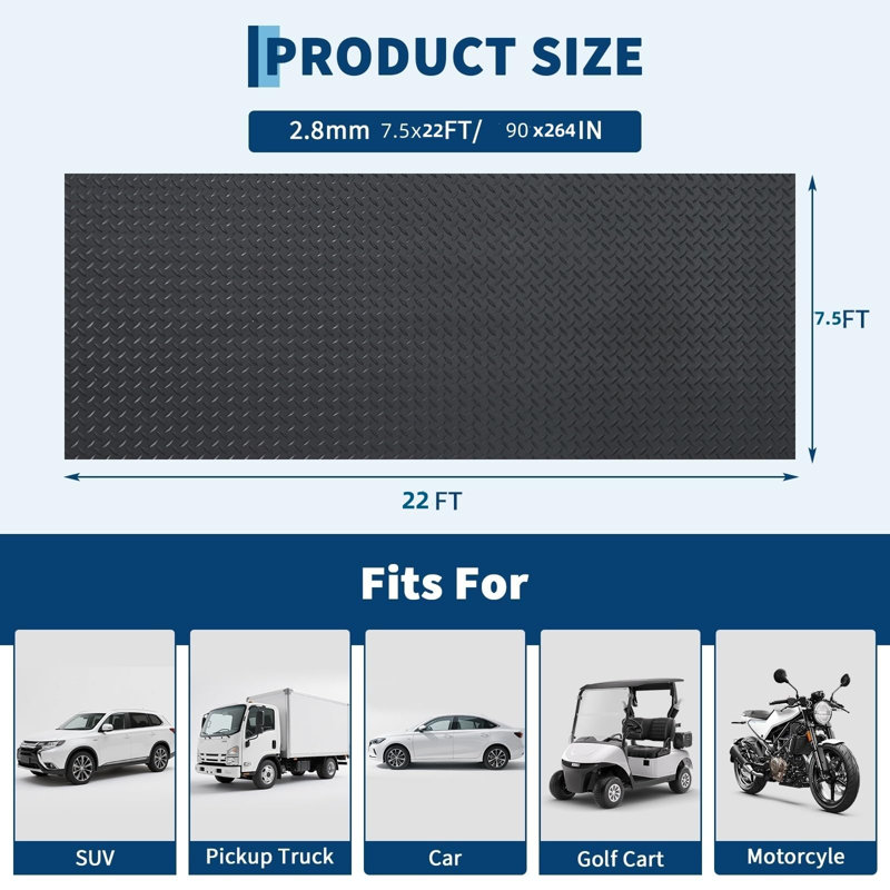 Tapis de plancher de garage 2,3 x 6,7 m (7,5 x 22 pi), rouleau de revêtement de sol épais de 2,8 mm, tapis de remorque en caoutchouc PVC à motif diamant, tapis de protection de sol antidérapant pour garage et entrepôt
