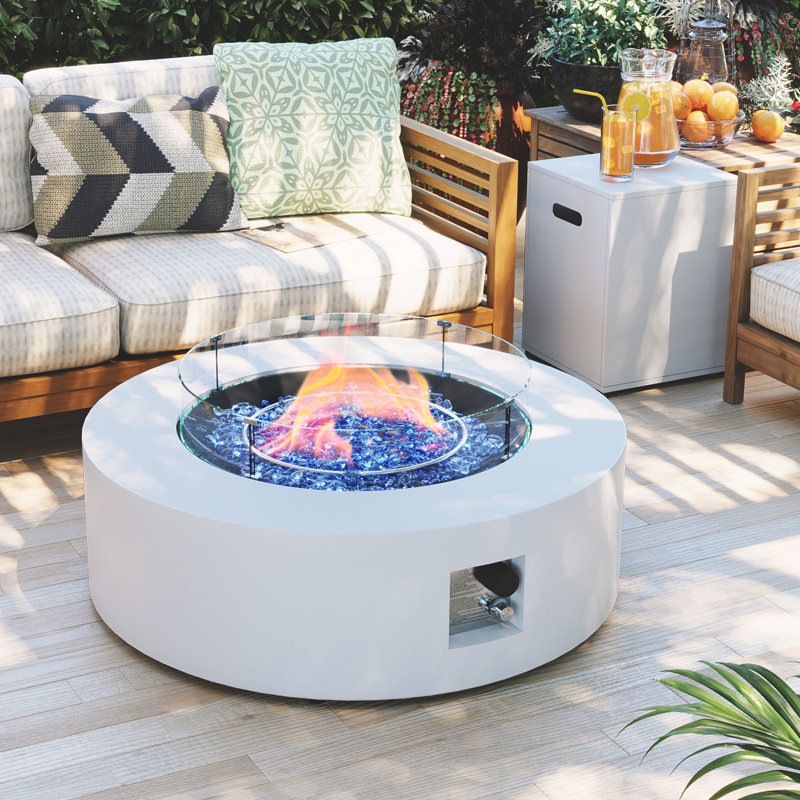  42-Inch Round Iron Propane Fire Pit Table with Tank Cover and Wind Guard,White, White
