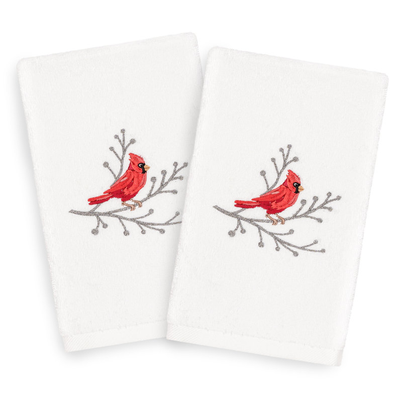 Christmas Cardinal Embroidered Luxury 100% Cotton Hand Towel, White