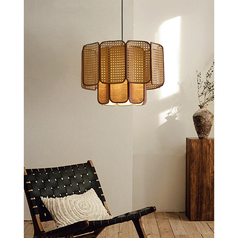 Lustre avec abat-jour en rotin Wabi-Sabi, H 10,63 po x l 15,75 po x P 15,75 po
