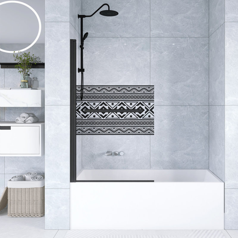 32 In. W X 55 In. H Shower Door Bathtub, 1/4" Thick Bohemian Pattern Tempered Glass  Shower Door In Matt Black With Stainless Steel Handle