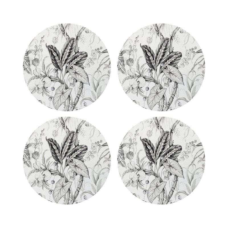 Amazonia Dovecote Black White Vegan Leather Round Coasters, Dovecote Black White