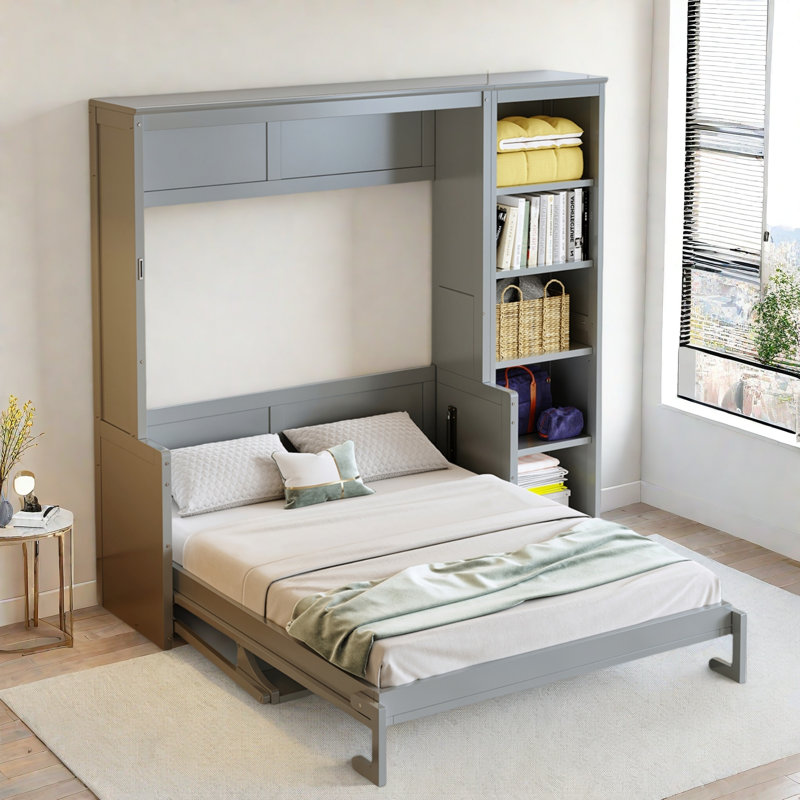 Lit escamotable avec bureau et tablettes Murphy, Gris, Double