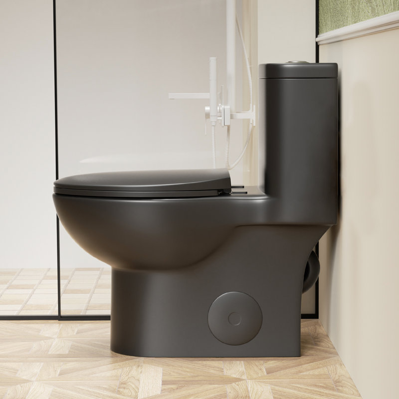 Toilette puissante à double chasse 1,1 / 1,6 avec chasse d'eau Tornado, hauteur 17 po, siphon 12 po, cuvette sans rebord et fermeture en douceur au fini noir mat moderne, prévention des sièges à fermeture en douceur