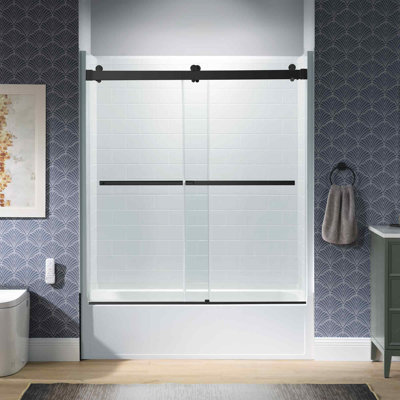 WOODBRIDGE 60" x 32" Alcove Soaking Bathtub & 4-Piece Direct-to-Stud Surround with Right Drain & 57.5–60" Frameless Double Sliding Tub Door with Soft-Close, Clear Tempered Glass, Matte Black