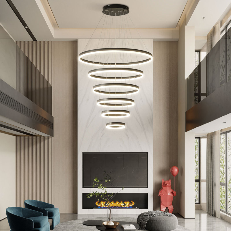 Luminaire plafonnier moderne à 6 anneaux DEL avec température de couleur de 3000 à 6000 K avec télécommande, Noir mat