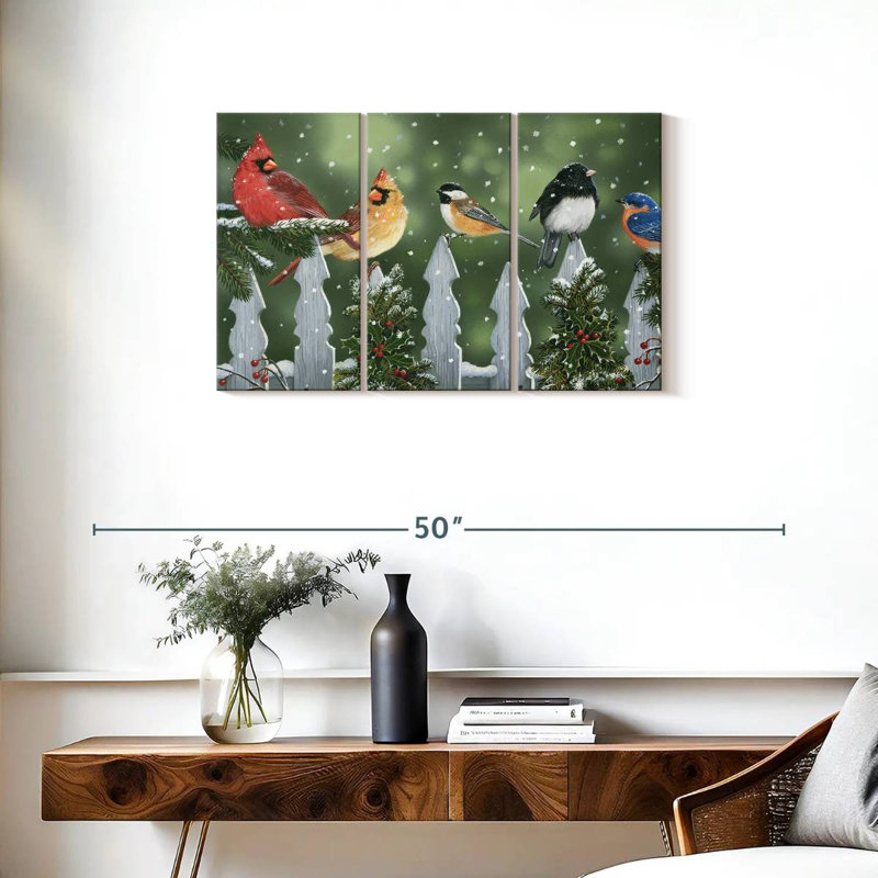 Oiseaux d'hiver Brampt sur une clôture enneigée, H 20 po x l 33 po
